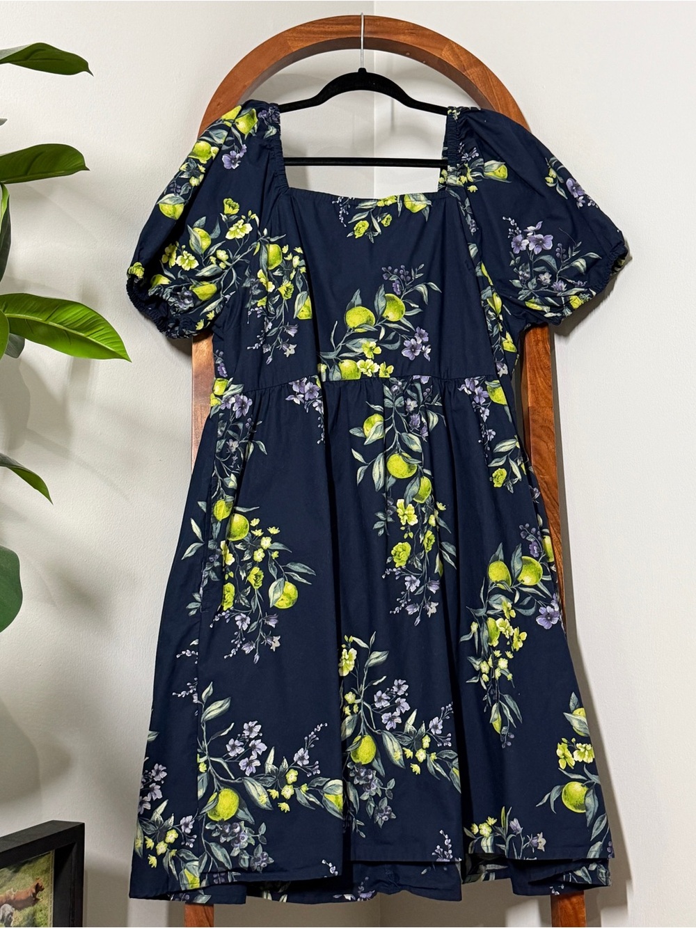 Time and Tru XXL Navy Blue Floral Citrus Tie Back Puff Sleeve Dress